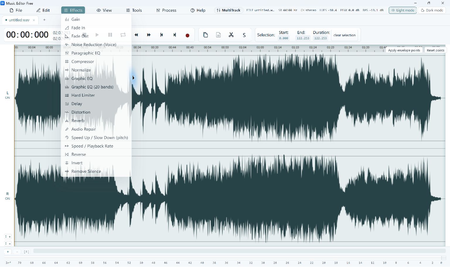 Effects menu showing Noise Reduction (Voice) in Music Editor Free