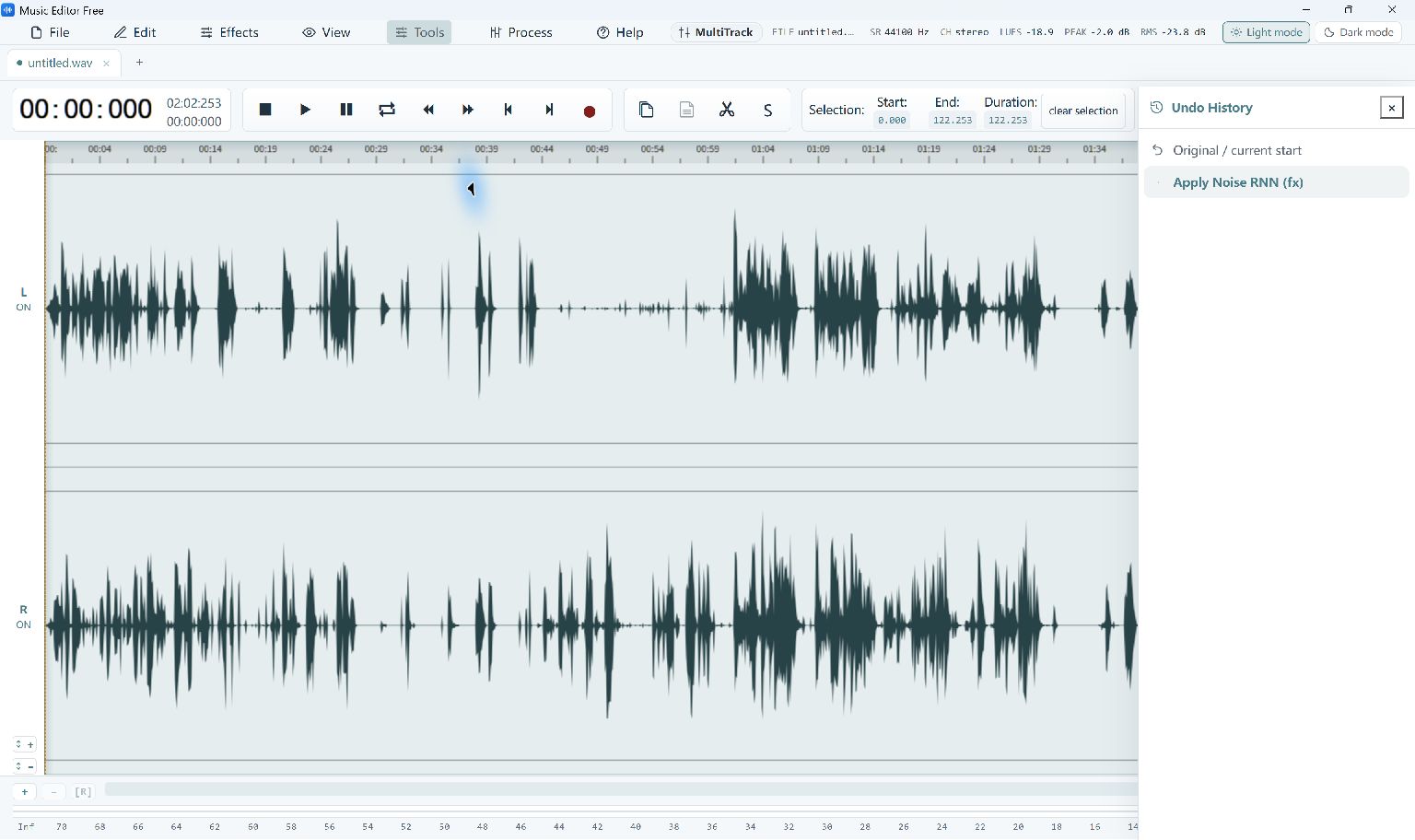 Music Editor Free after applying voice noise reduction, with the action shown in Undo History